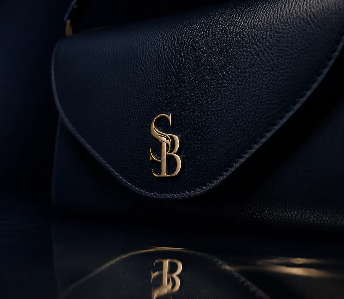Luxury Sera Bleu black leather handbag on a stone wall overlooking the ocean at sunset