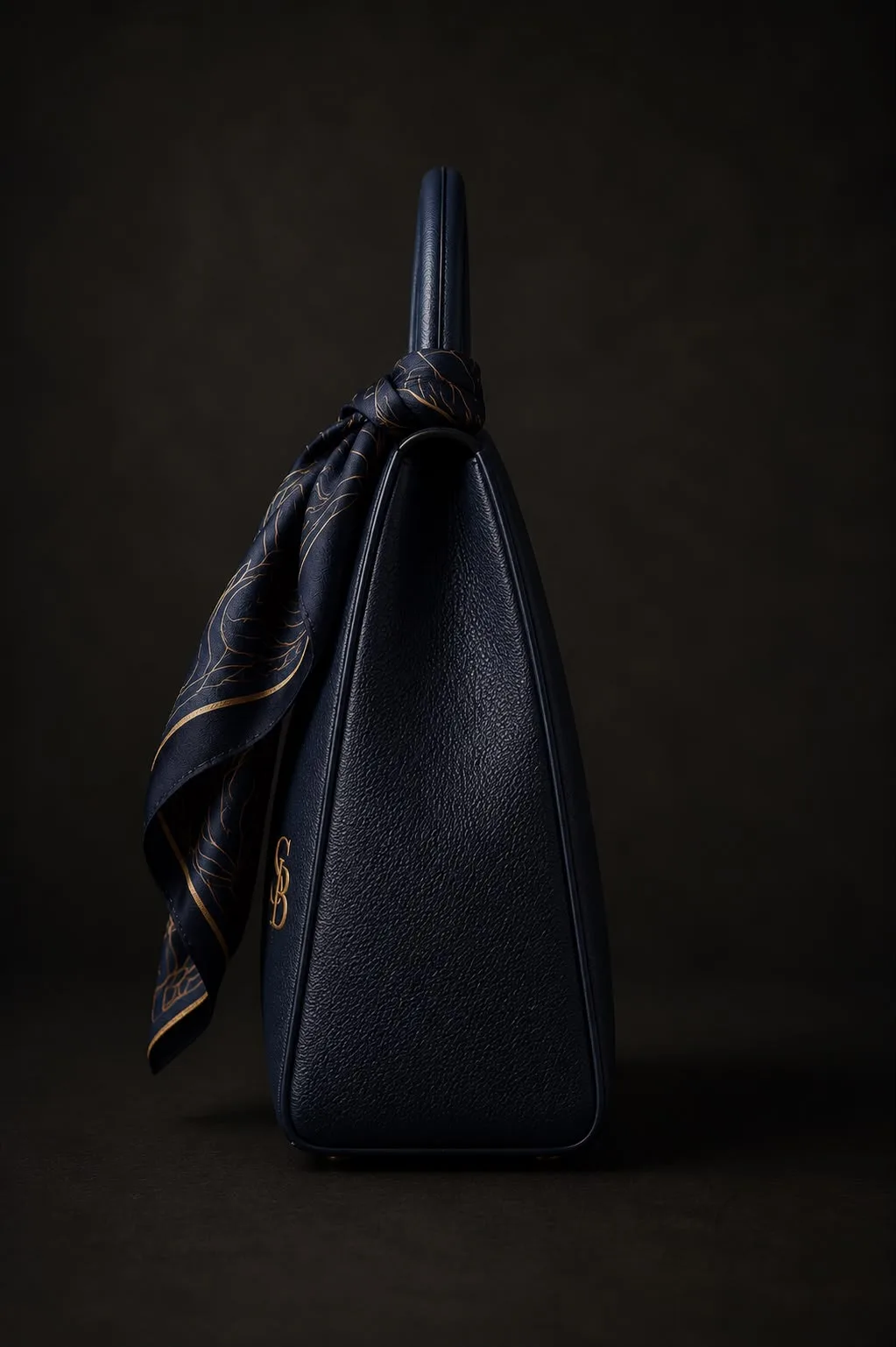 Sera Bleu midnight blue leather handbag with gold SB monogram, side angle